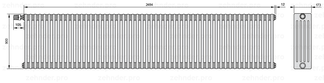 Схема (чертеж) Радиатор Zehnder Charleston 5090/54 №V011 Белый глянцевый RAL 9016